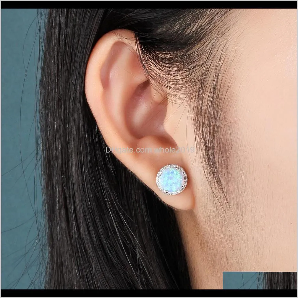 cheap wholesale 10 mm round shape simple blue opal stone stud earring designs with silver earring backs stoppers