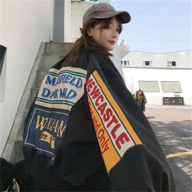 Vintage harajuku oversized pocket button long-sleeved women jacket printed bomber tops spring clothe black jacket zip up 210928