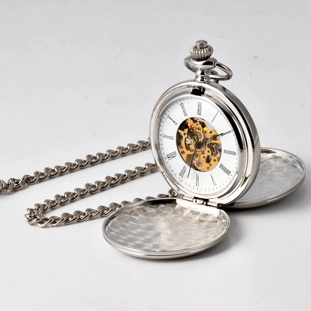 Silver Polishd Double aberto Flip Mechanical Pocket Watch