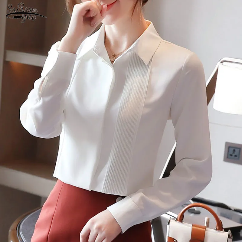 Klassieke chiffon blouse vrouwelijke vrouwen shirt elegante witte losse lange mouwen shirts dame eenvoudige stijl tops kleding Blusas 10857 210521