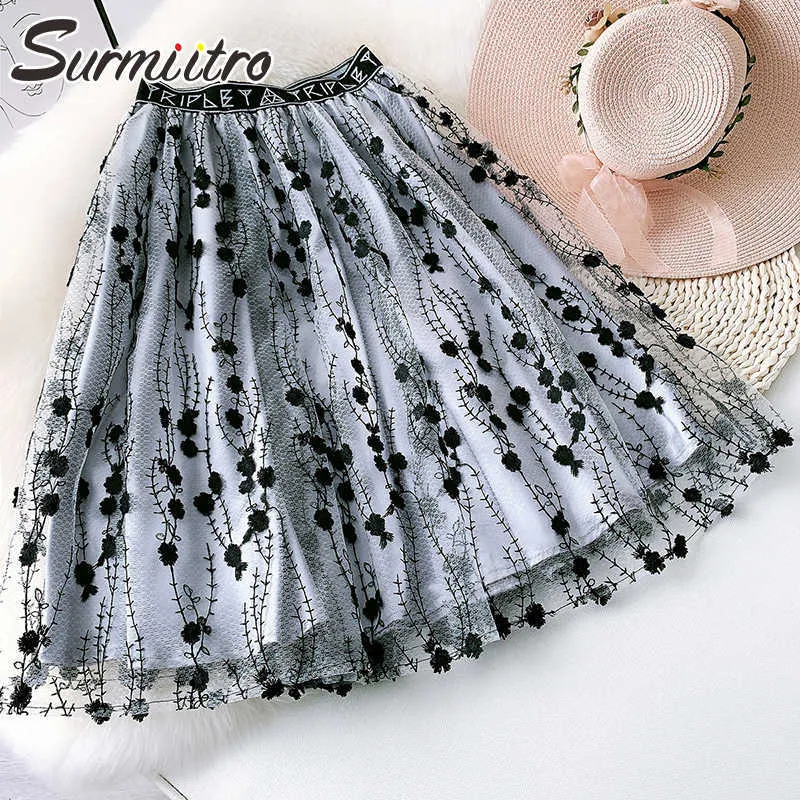 Surmiitro zomer midi tule rok vrouwen koreaanse stijl mesh floral emodidery mid-length hoge taille geplooide tutu rok vrouw 210712