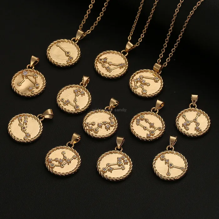 Horoscope 12 Zodiac Sign Necklace Gold Chain Copper Libra Crystal Coin Pendants Charm Star Sign Choker Astrology Necklaces for Women Fashion Jewelry Will and Sandy