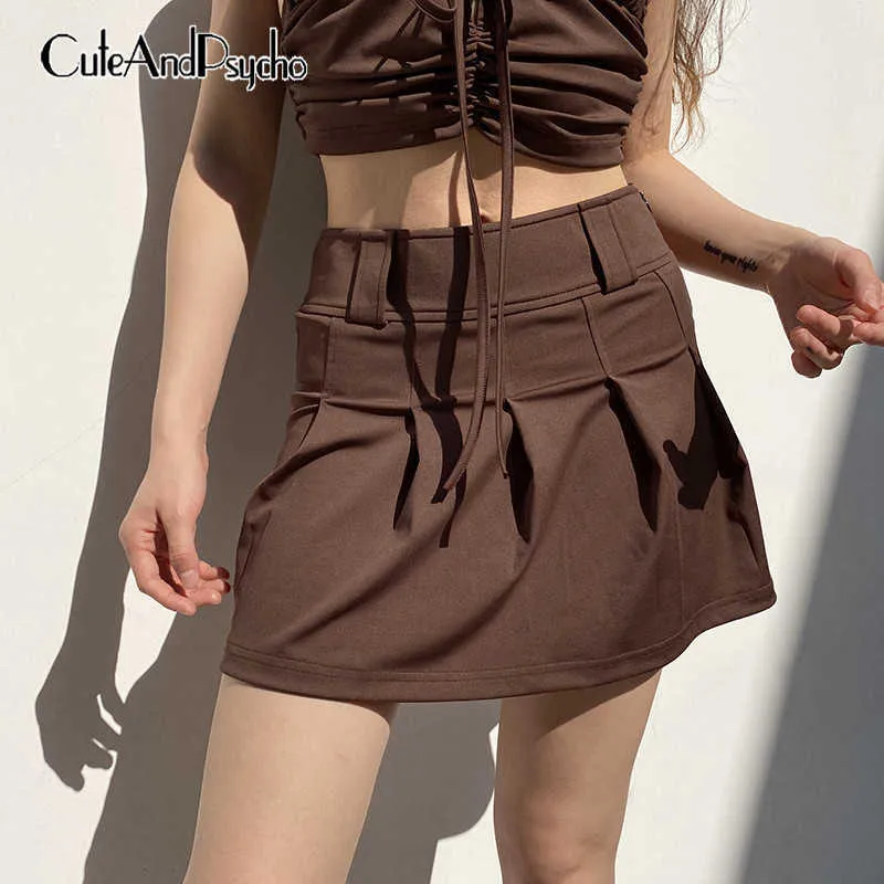 Vintage Brown Y2K estetyczne plisowane spódnice Kobiety moda HARAJUKU HIG TALIST SPIRT Koreańska mini spódnica streetwear 90s CuteAndpscho Y0824