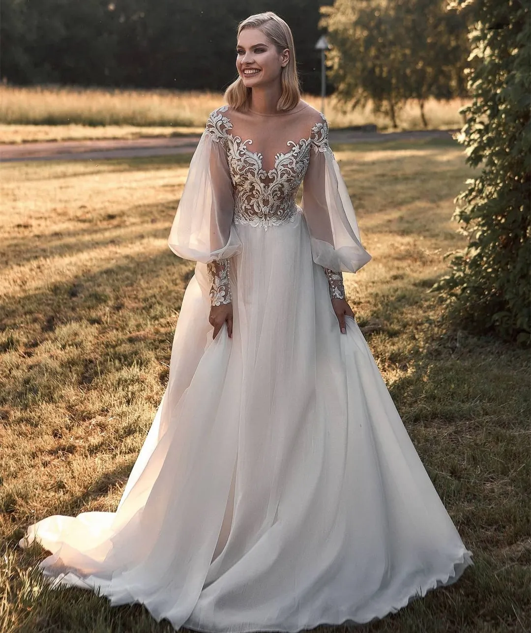 Save Big on Bulk Long Sleeve Wedding Dresses Long Sleeve Wedding Gowns  Chapel Train A Line Tulle Bridal Dress: Elegant V Neck Backless Lace  Appliques