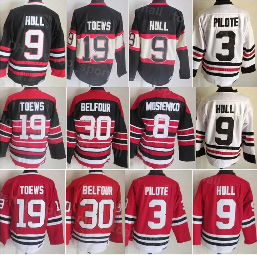 Mannen Vintage Retro Ice Hockey 19 Jonathan Toews Jersey 30 ED Belfour 3 Pierre Pilote 9 Bobby Hull 8 Bill Mosienko 10 Patrick Sharp Zwart Rood Wit All Gestikt Heiying