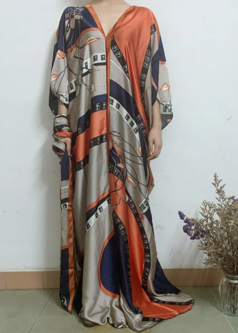 Vêtements ethniques bohème imprimé été caftan en soie Maxi Robe surdimensionnée col en v Robe de plage Match écharpe robes africaines pour les femmes