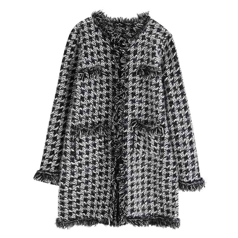 ビンテージツイードオープンステッチウールのジャケット女性のファッション冬vネックロングジャケットエレガントな女性ポケットコート210531