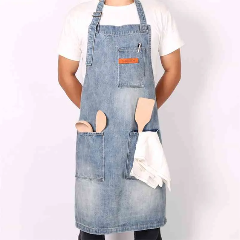 Weeyi Vintage Blue Kitchen Denim Förkläden För Män Kvinnor Unisex Homewear Workwear Förkläde Matlagning Kock Barista Bartender Delantal 210629