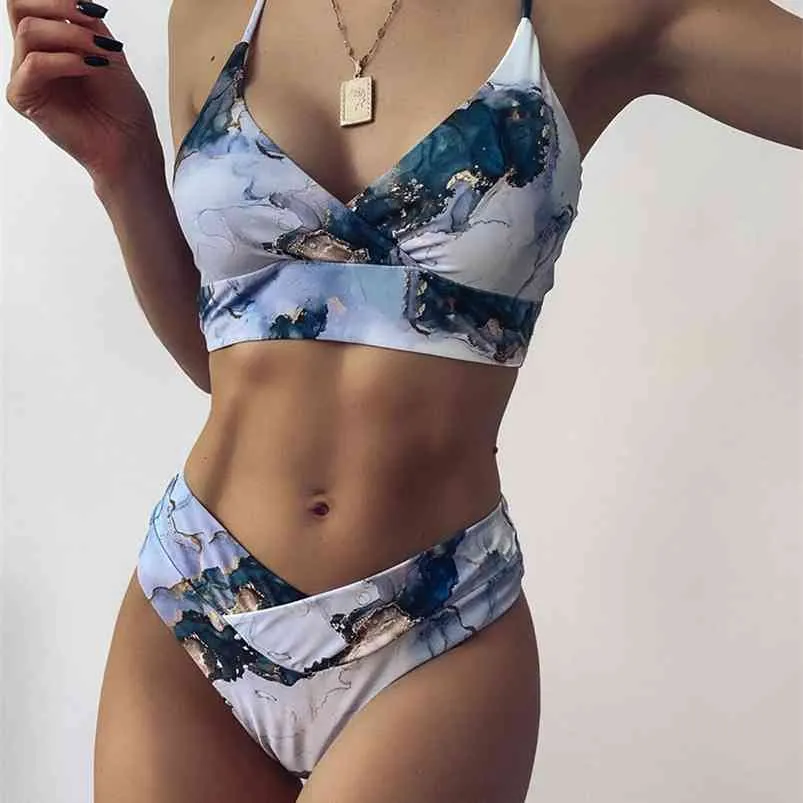 Hoge taille bikini set gele bandeau badpak sexy print thong vrouwen badmode twee-stukken bather badpak 210629