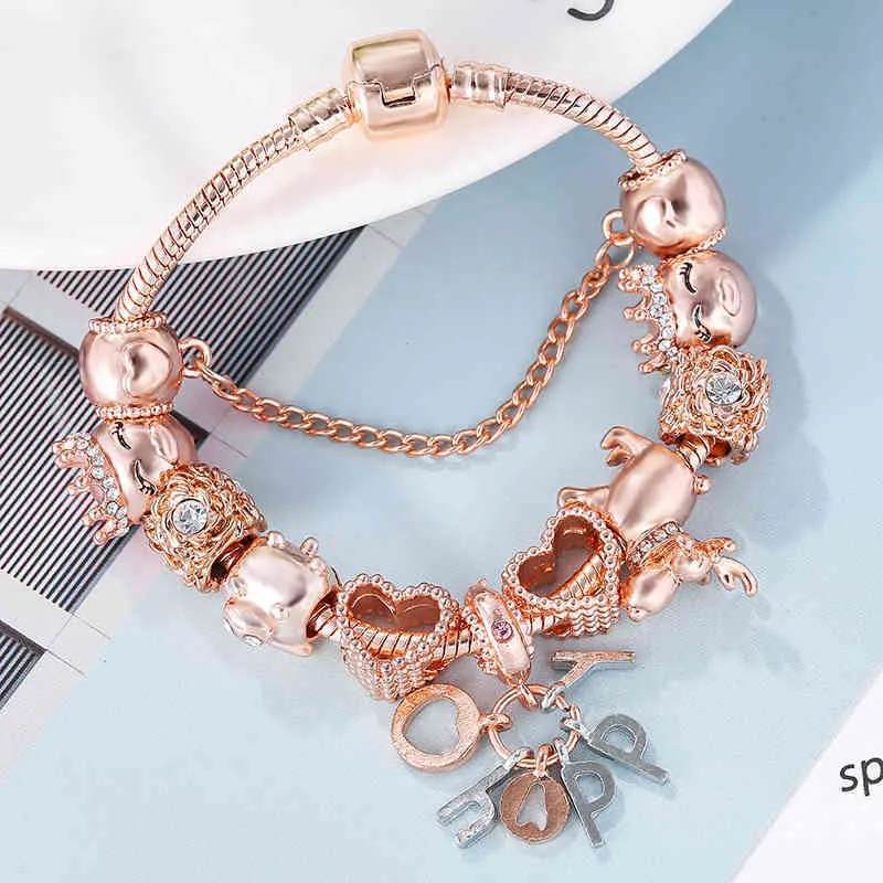 Seialoy Rose Or Bracelet Bracelets Pour Femmes Princesse Elk Perle HEUREUX Charme Bracelets Bijoux Fit Fille Couple Amitié Bijoux Cadeau