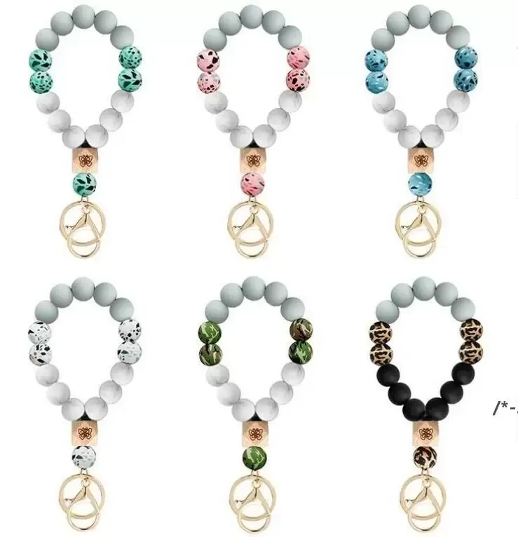 Key Ring Silicone Bead Bracelet Party Favor Butterfly Wooden Beads Camouflage Wristband Wrist Keychain Pendant Prevent Missing