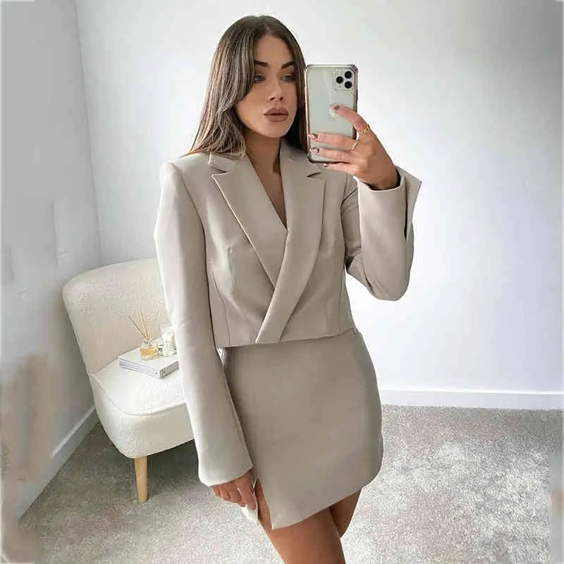 Femmes Blazer Robe Set Top Jupe Robe Assortie Costumes Printemps Automne Slit Haute Mode Streetwear Ensembles Bureau Dames Ensemble 210415