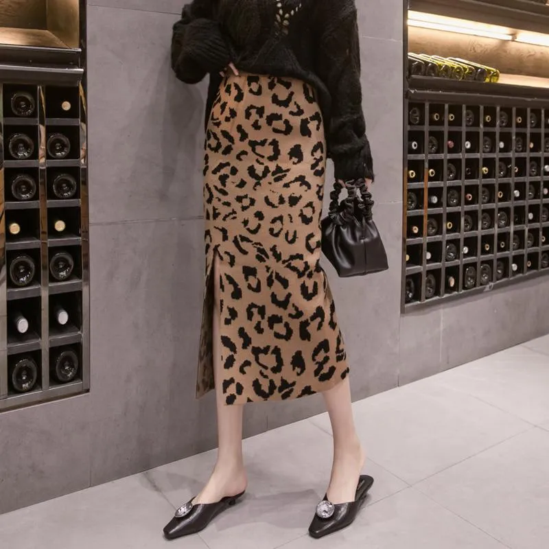 Autumn Leopard stickad kjol Kvinnor Hög midja Bodycon Sexig delad officiella damer Midkjolar