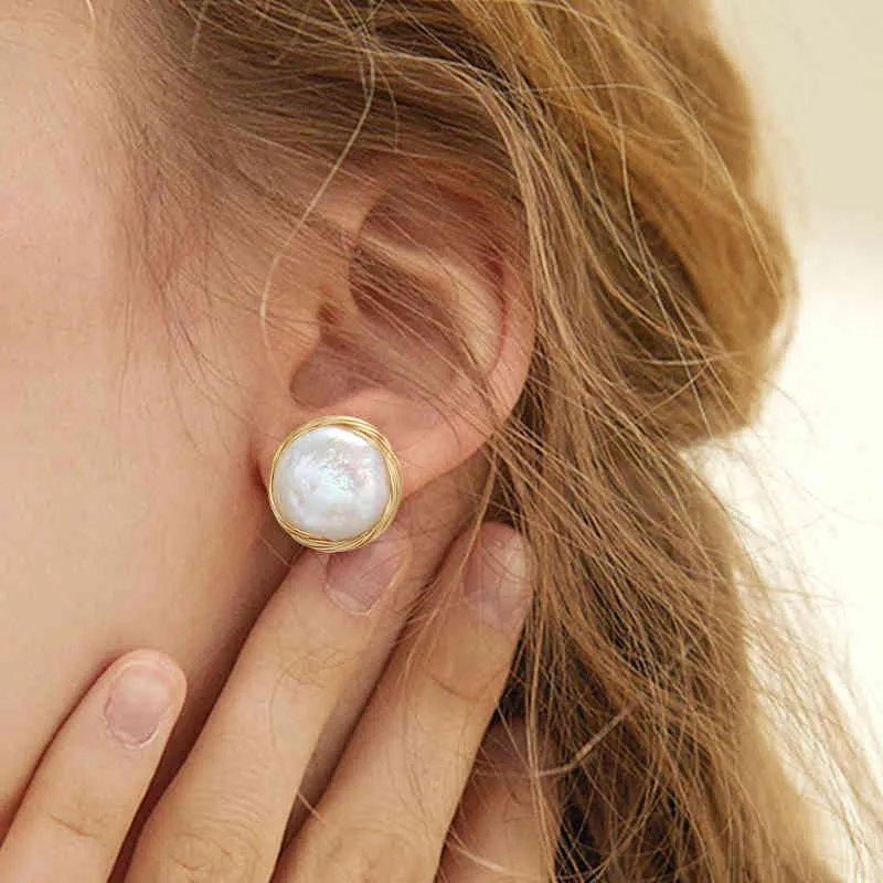 Coeufuedy Classic Big Stud Earring Baroque Zoetwater Parel Oorbellen voor Dames Party Huwelijksgeschenk Fijne Sieraden Handgemaakt