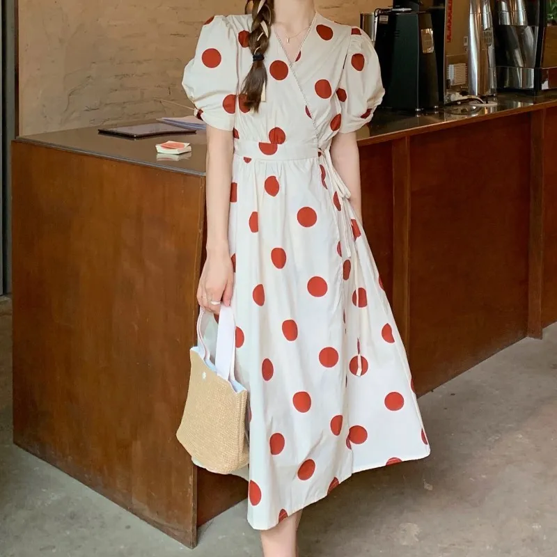 Vrouwen Jurk Zomer Franse Vintage Vrouwelijke Polka Dot V-hals Puff Sleeve Hoge Taille Vakantie Casual Jurk Vestidos 210518