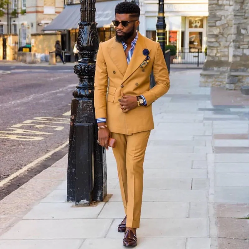 Yellow Slim Fit Double Breasted Tuxedo Suit With Peaked Lapel For
