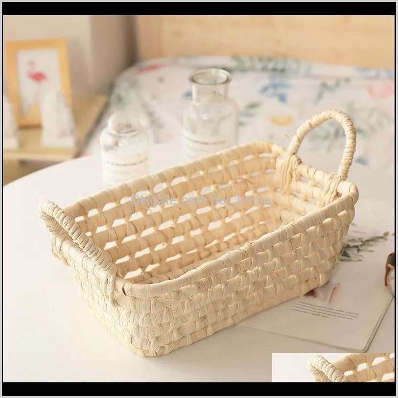 handmade straw storage basket corn husk fruit sundries organizer plant box flower pot with handle baskets