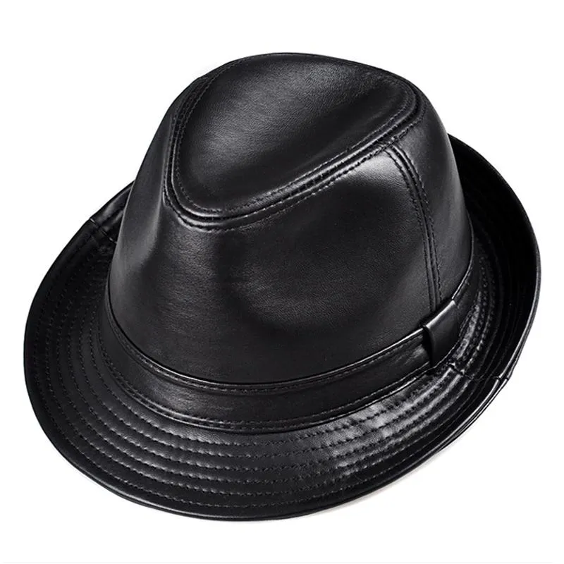 Winter Genuine Leather Wide Brim Stetson Fedoras British Hats For Men/Women Gentman Black 55-61cm Fitted Jazz Hip- Gorras