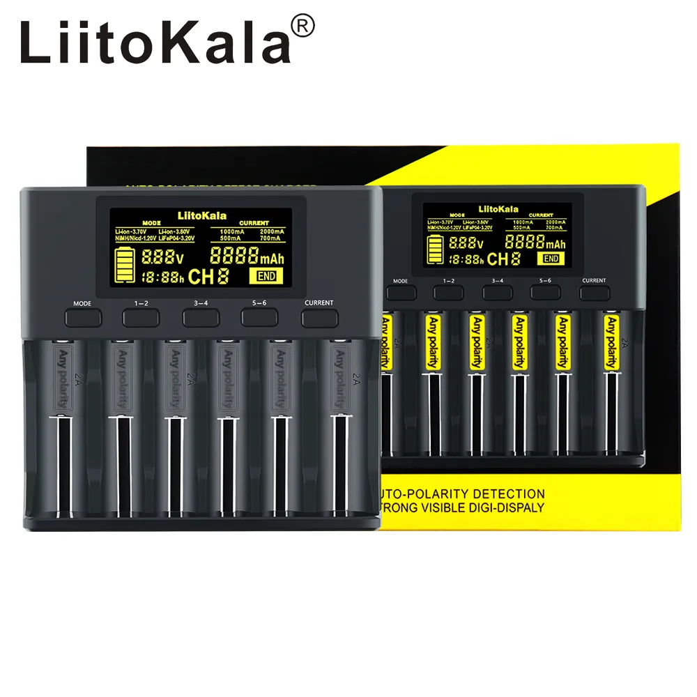 Liitokala lii-S6 Batterijlader 18650 Lader 6-slot Auto-polariteit Detect voor 18650 26650 21700 14500 10440 16340 CR123AAA AAA 1.2V 3.7V Batterijen