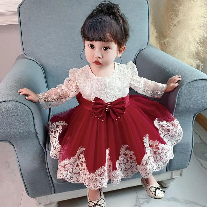 Girl's Dresses Born Long Sleeve Baby Girl Lace Party Wedding Big Bow 1st Birthday Princess Baptism Dress