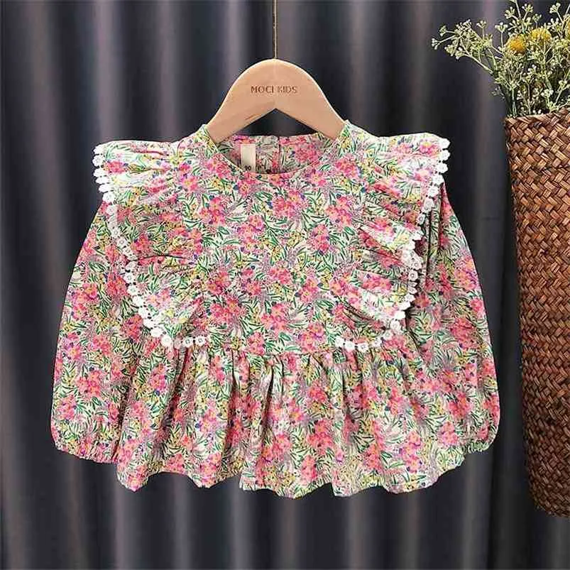 Gooporson Moda Dzieci Ubrania Spadek Little Girls Costume Kwiat Koronki Z Długim Rękawem Koszula Cute Koreański Berbeć Dzieci Bluzka 210715