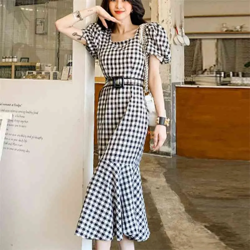 Fashion Casual Summer Dress Women Korean Black Plaid Vintage Elegant Bodycon Bandage Party Mermaid Midi Long Robe Femme 210514