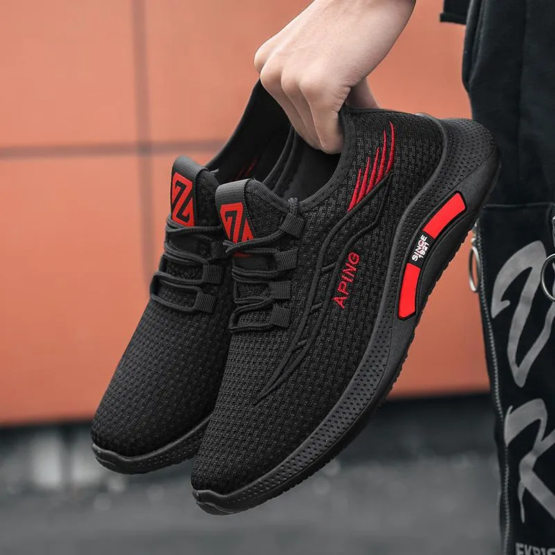Vliegende geweven heren ademend mesh running schoenen zwart wit rood comfortabele zachte zool sneakers trainers