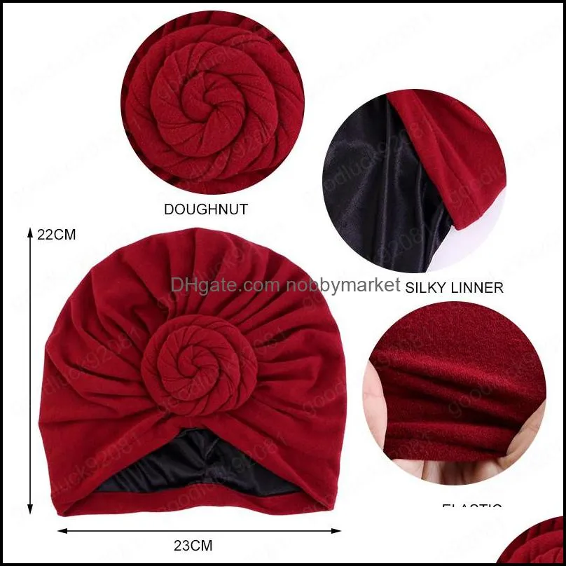 Muslim Top Knotted Hat Turban With Silky Satin Linning Hijab Headscarf Headwrap Ladies Chemo Cap India Hat Hair Accessorie