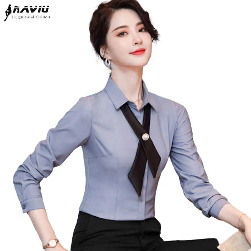 Chiffon Professional Shirt Women Long Sleev Spring Slim Temperament Gray Blouses Office Ladies Formal Work Tops White 210604