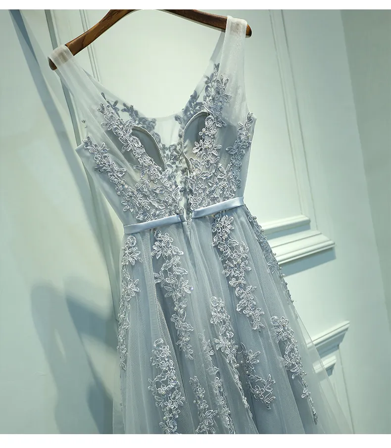 Seksi V yakalı elbise robe de soiree yüksek kaliteli gri tül ile aplikler elbiseler uzun elbise vestido