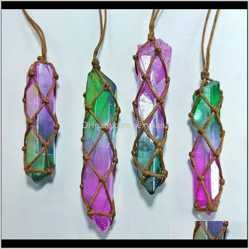 rainbow natural stone pendant necklace quartz chakra wrapped rope chain long necklace for women diy weave pendant charms qyljww