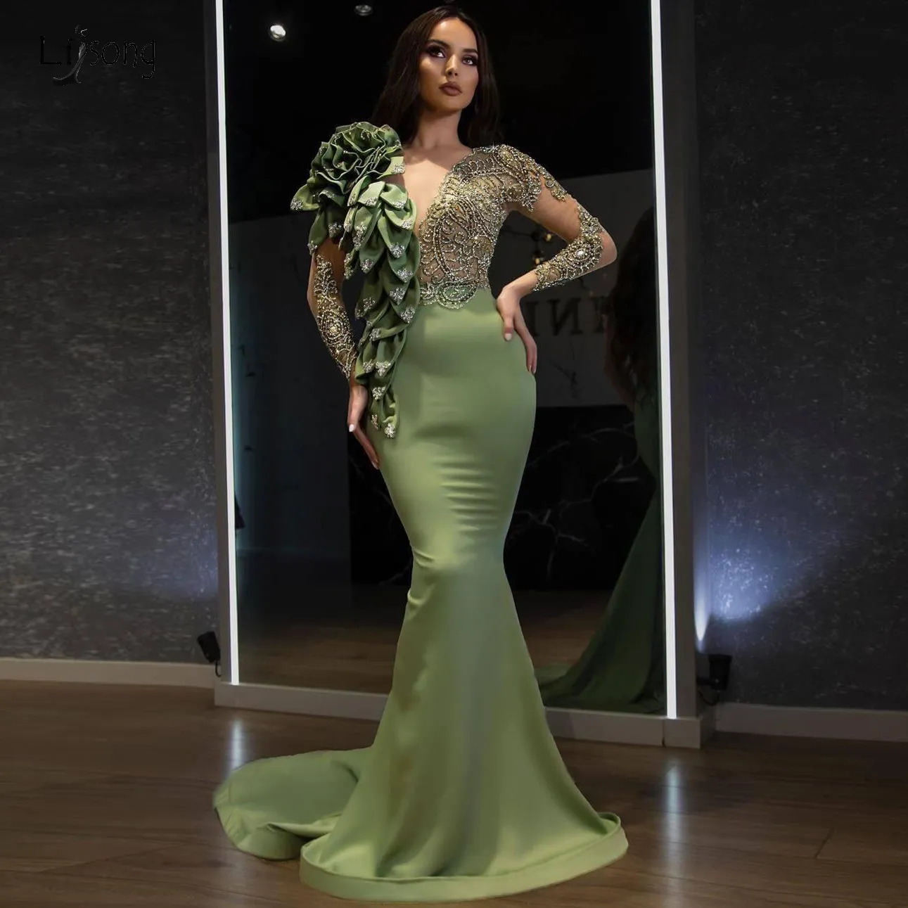 2021 Designer Fashion Mermaid Evening Dresses Long Sleeves Beaded Ruffled Prom Dress Chic Event Gown Army Green vestidos