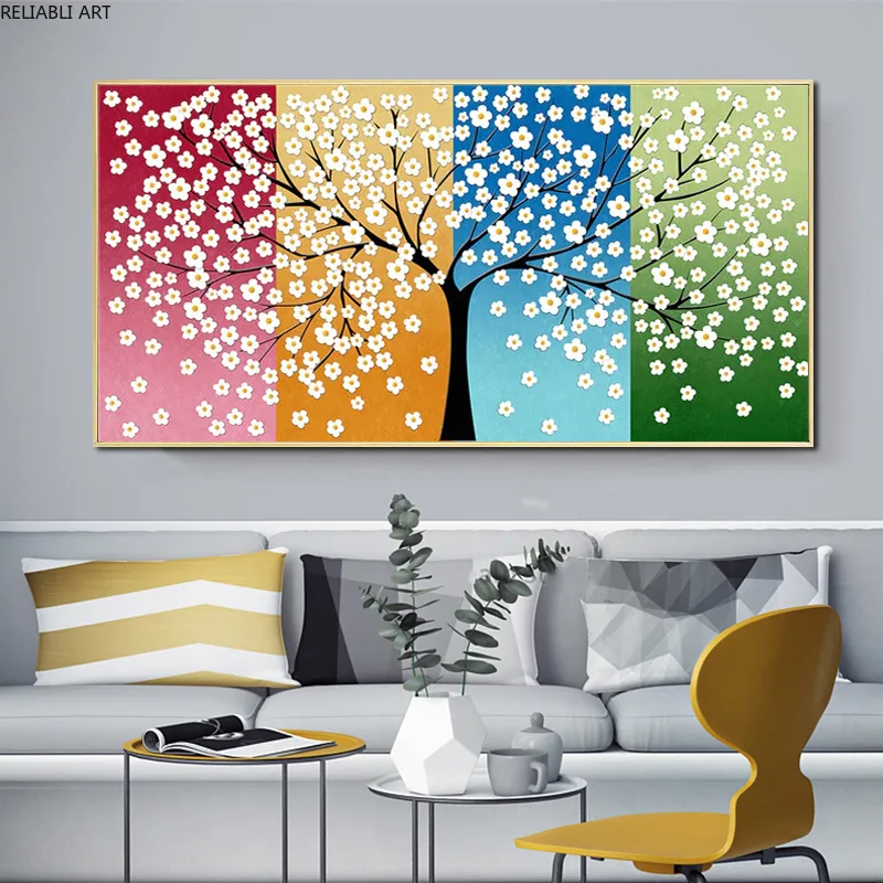 Reliabli Art Abstract Seasons Árvore Fotos Pintura de lona Arte de parede para sala de estar moderna decoração de casa pôsteres e impressões