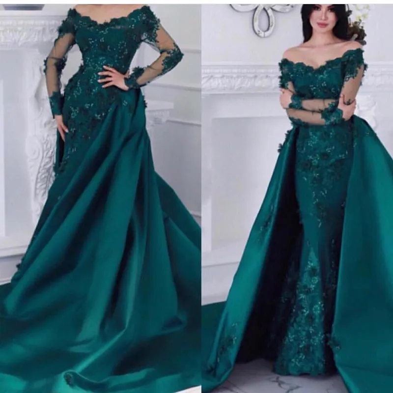 2021 Satin Mermaid Evening Dresses Hunter Green Long Sleeves Prom Gowns Scoop Neckline Lace Beading Overskirts Mother Dress