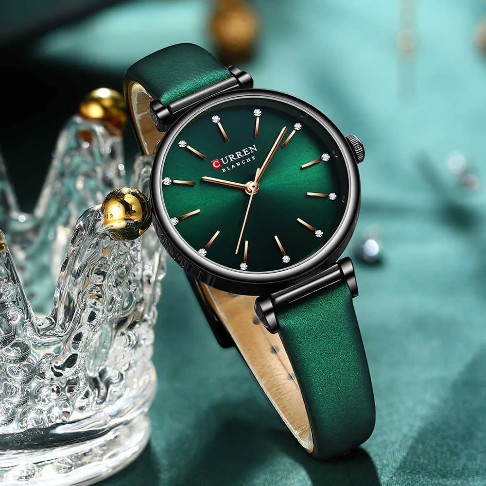 Curren Women's Watches New Top Brand Luxury Quartz WristWatch com couro brilhante Strass Discar Green Clock Feminino Q0524