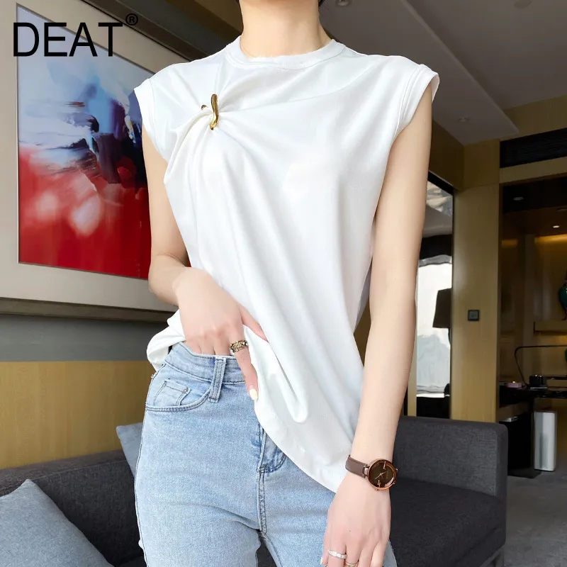 DEAT summer fashion women U-neck sleeveless pin spliced asymmetrical T-shirt female top tide WR31300L 210428