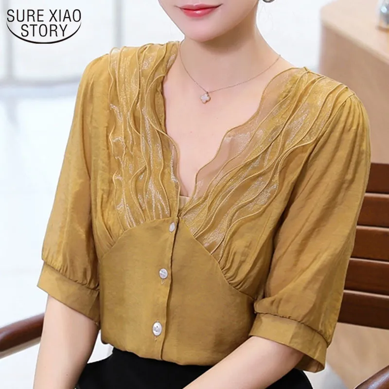 Summer Yellow Button Vintage Short Sleeve Shirt Solid Ruffled Cardigan Fashion V-neck Chiffon Blouse Female 9663 210508