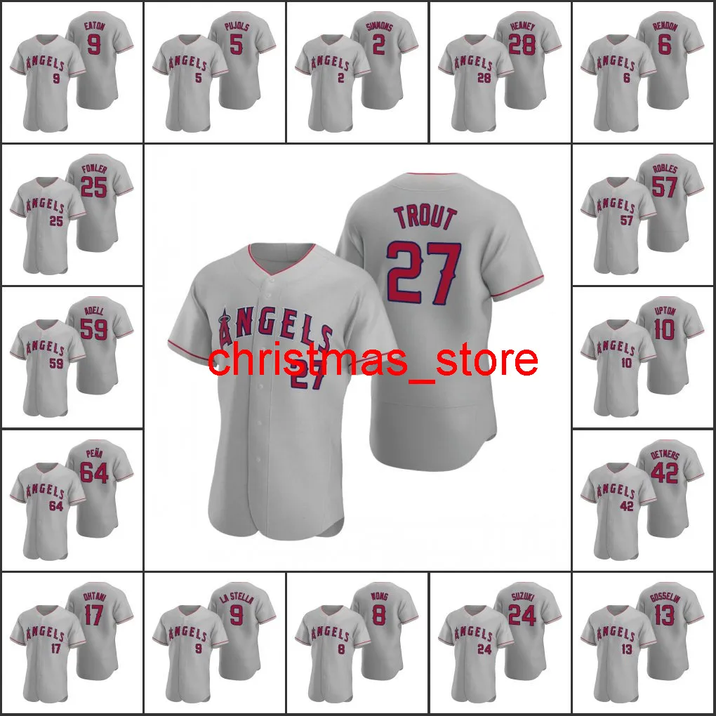 Men Women Youth #17 Shohei Ohtani 27 Mike Trout 6 Anthony Rendon 57 Hansel Robles Custom Gray Road Jersey