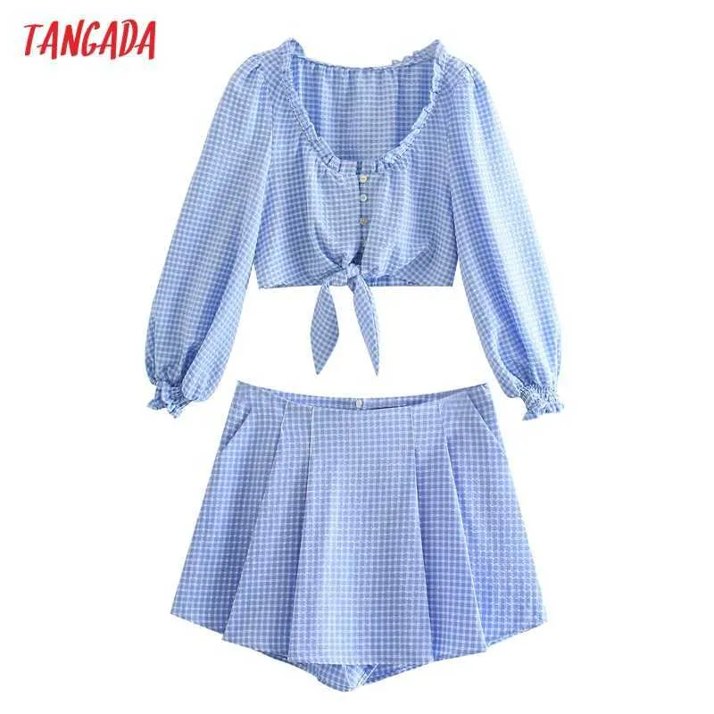Tangadaの女性のセットレトロな青い格子縞のフリルクロップシャツトップとマッチスカートのショートパンツのためのSummer JE74 210609