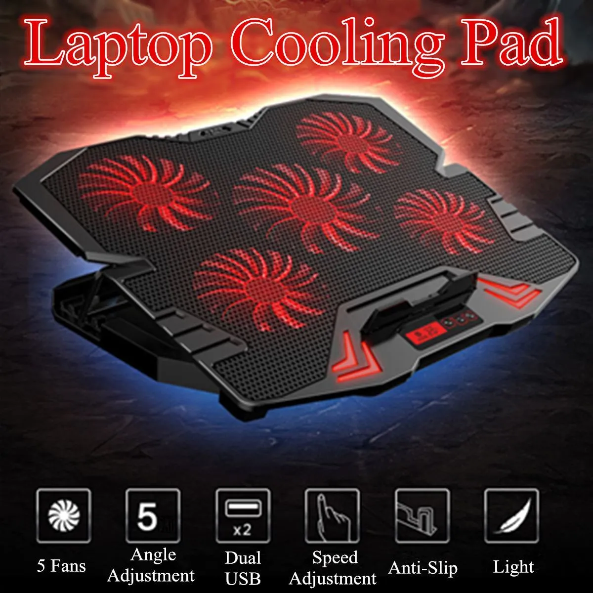 17inch Gaming Cooler 5 Speed Fans Led Screen 2 USB Port 2400RPM Cooling Pad Notebook Stand Laptop