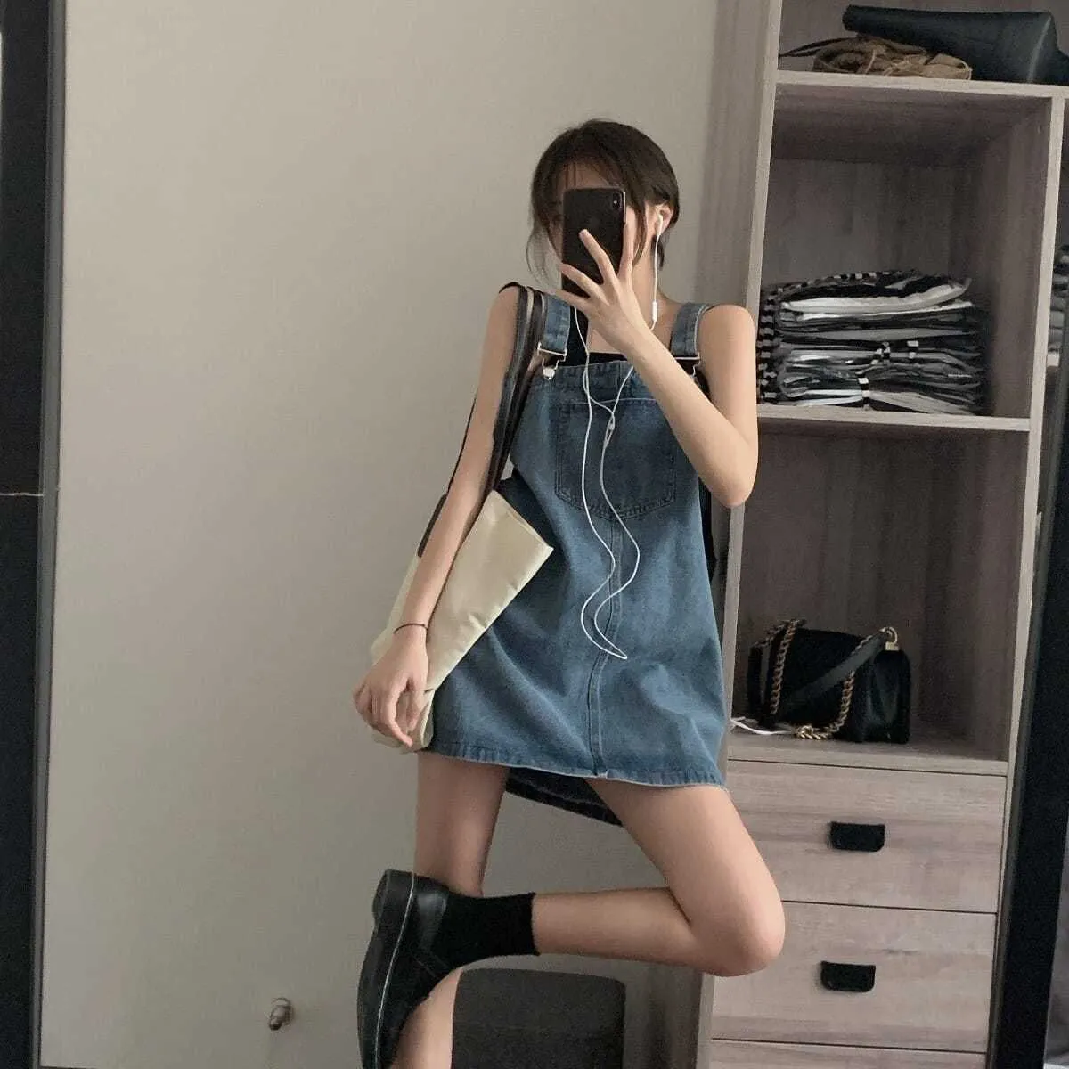 Small size shows high age reduction loose denim strap skirt female student high waist shows thin temperament Jumpsuit short X0428