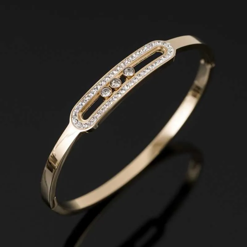 Luxury Cz Crystal Gold-plated Stainless Steel Women Bracelet Rhinestone Sliding Bangle for Women's Wedding Wristband Jewelry Q0717