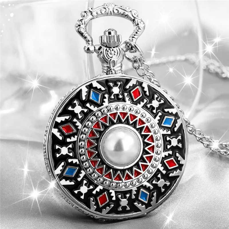 Old Fashion Pearl Design Pocket Watch Men Women Quartz Analog Watches Full Hunter Arabic Number Display Necklace Chain Gift