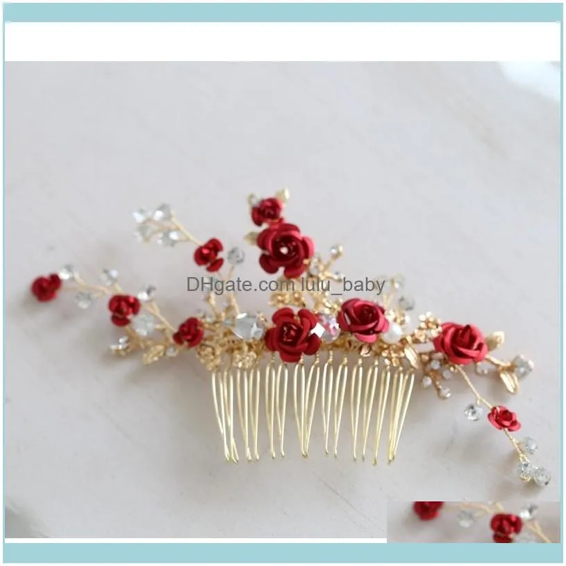 Jonnafe Red Rose Floral Headpiece For Women Prom Rhinestone Bridal Comb Accessories Handmade Wedding Hair Jewelry