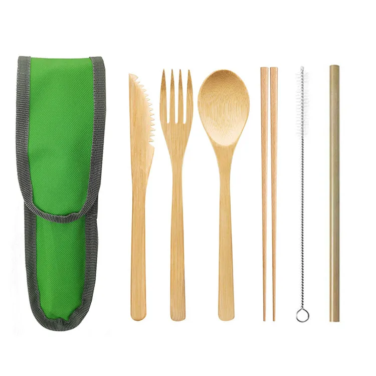 Travel Bamboo wood Cutlery Flatware Set tableware Reusable Bamboo Fork Knife Spoon Chopsticks Straw Cleaner eco friendly picnic Utensils