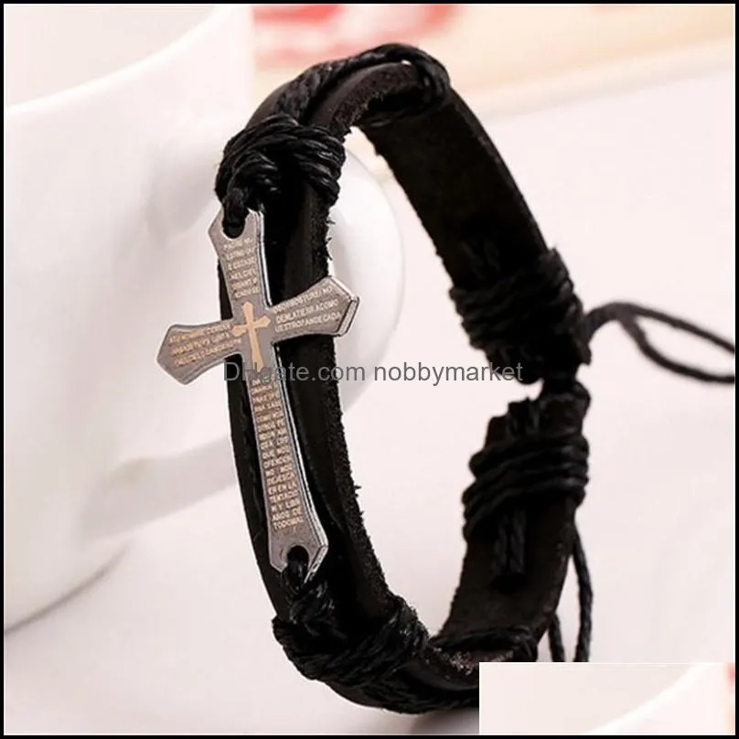 Genuine Leather Christian Scripture Cross Bracelets For Mens Punk Brown black Bible verse crucifix Charm Wristband Fashion religious