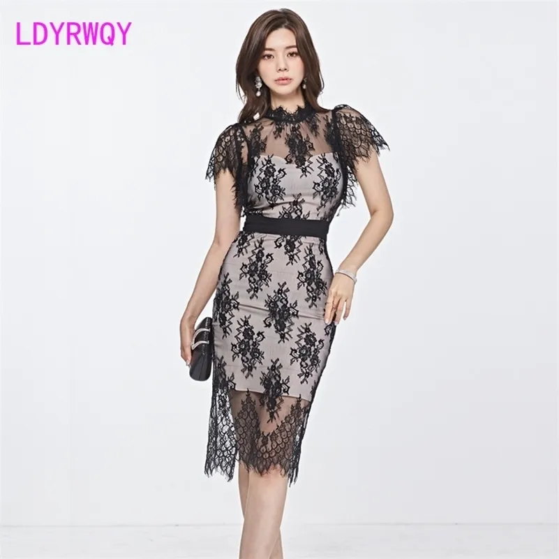 LDYRWQY Dress summer ladies temperament self-cultivation lace fashion short-sleeved women's bag hip 210416