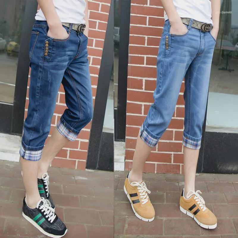 Heren Jeans Mode 2022 Zomer Casual Dunne Mannen Tieners Voeten Capri Cuffs Hip Hop Broek Elastische Zeven Slacks Biker Denim Overall Heren1