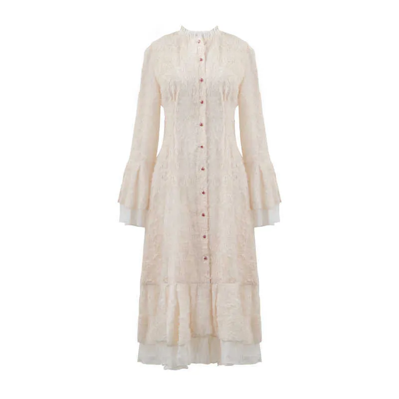 FORSE U Abito lungo in pizzo beige con colletto alla coreana Manica svasata Abito lungo a maniche lunghe Vintage Retro Lolita Autunno D1320 210529