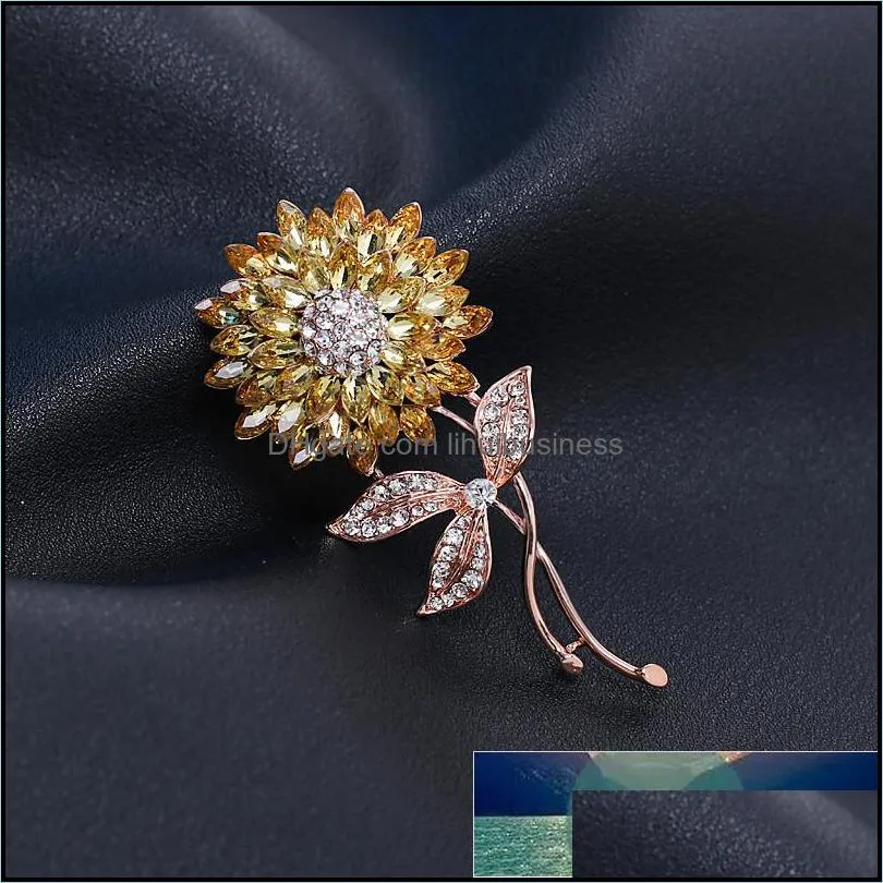 New Luxury Elegant Yellow Crystal Sunflower Brooches Gold Color Rhinestone Alloy Plant Brooch Lady Party Safety Pins Gifts